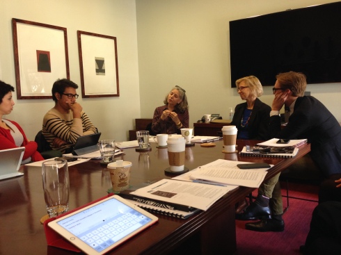 The ADR group meeting with (last three from left) Ella Baff of the Mellon Foundation, Leah Krauss from the Mertz Gilmore Foundation, and Lane Harwell of Dance/NYC